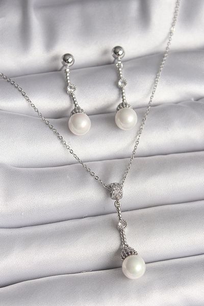 Clariss 316L الصلب الفضة اللون سلسلة الزركون حجر مفصلة استرخى اللؤلؤ نموذج المرأة قلادة القرط مجموعة