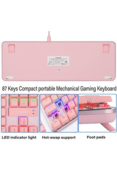 e-yooso لوحة مفاتيح ميكانيكية سلكية للألعاب، 87 مفتاحًا، مفاتيح بنية اللون، مع إضاءة خلفية LED