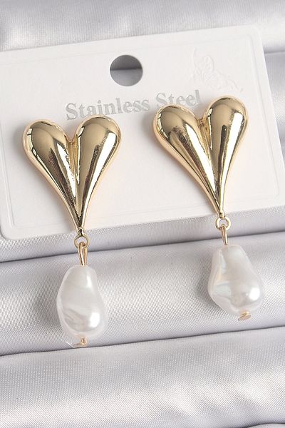 Clariss Brass Gold Color Heart Model Dangle Pearl Drop Model Women's Earrings