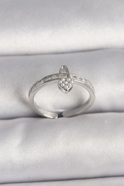 Clariss Brass Silver Color Zircon Stone Pearl Detailed Lock Heart Model Adjustable Ring