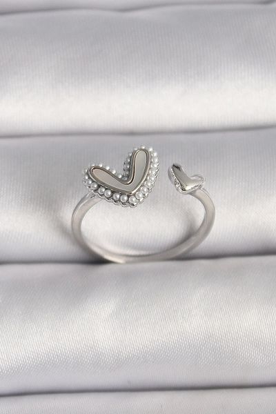 Clariss Brass Silver Color White Enamel Pearl Detailed Heart Model Adjustable Ring