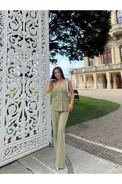 LOBOLIC Seturi duble cu design exclusivist pentru femei - Set elegant cu vestă cu guler pătrat și pantaloni Palazzo