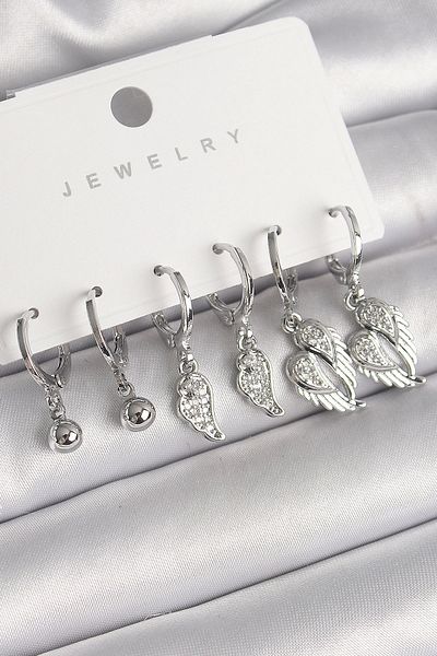 KAMELYA DESİGN Brass Silver Color Hanging Zircon Stone Wing Model Topcuk Detail Women's Earring Set