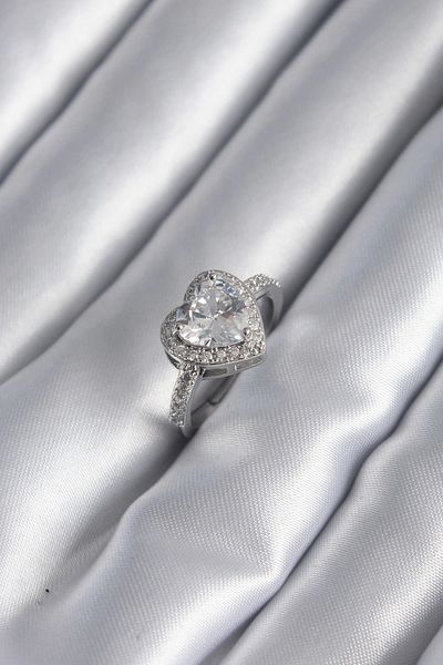 Clariss Brass Silver Color Zircon Stone Heart Charm Model Women's Ring