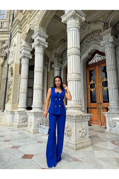 LOBOLIC Women's Special Design Double Set- Square Collar Blazer Vest and Palazzo Pants Stylish Set