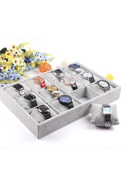 Hedef Bijuteri Domestic Production Suede Fabric Gray Color 12 Padded Drawer Inside Padded Watch and Jewelry Box