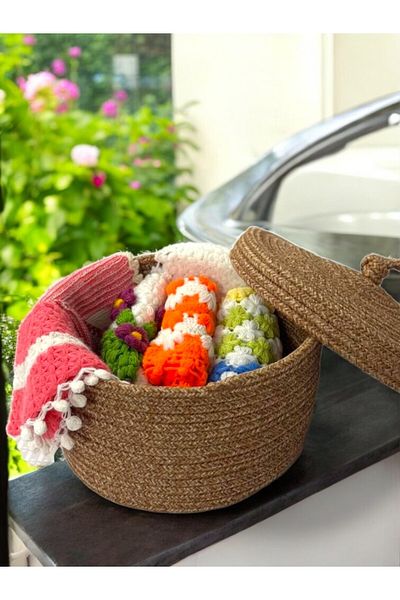 Store Multi-Purpose Basket, Jute Basket with Lid, Bathroom Kitchen Organizer, Decorative and Practical Use Basket