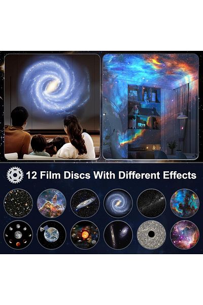 COOYA 12-in-1 Star Projector, 360° Rotating, with 12 Film Discs for Bedroom Ceiling