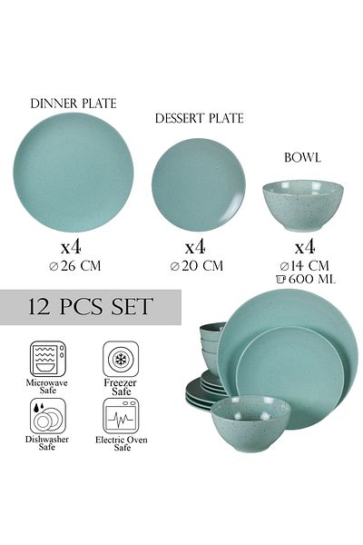 Cesiro 12-piece plate set, for 4 people, Peppermint, Cesiro, Matte Mint Green with black dots
