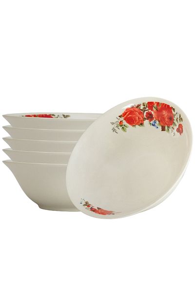 Cesiro Set of 6 bowls 15 cm x 270 ml, for 6 people, Cesiro Porcelain, Ivoire with red rose