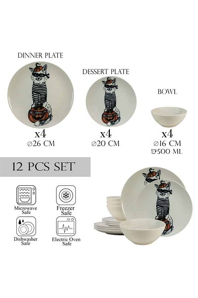 Cesiro 12-piece plate set, for 4 people, Robber Cat, Cesiro, Ivory White with Cat