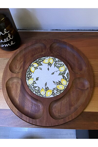 behlül home Çini desenli ahşap yuvarlak sunumluk