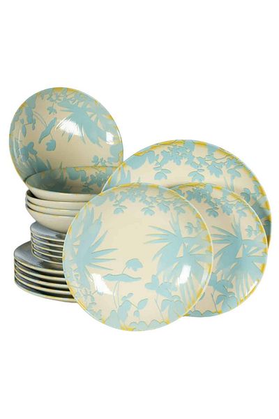 Cesiro 18-piece plate set, for 6 people, Hawaii, Cesiro, Ivory white with light blue leaves