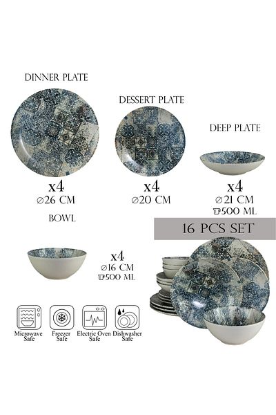 Cesiro 16-piece plate set, for 4 people, Blue Tiles, Cesiro, Ivory/Blue