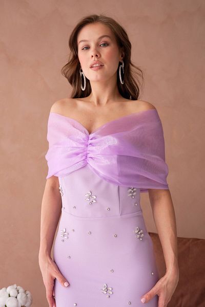 asyadabutik Women's Fish Model Stone and Organza Tulle Detailed Promise Dress Evening Dress