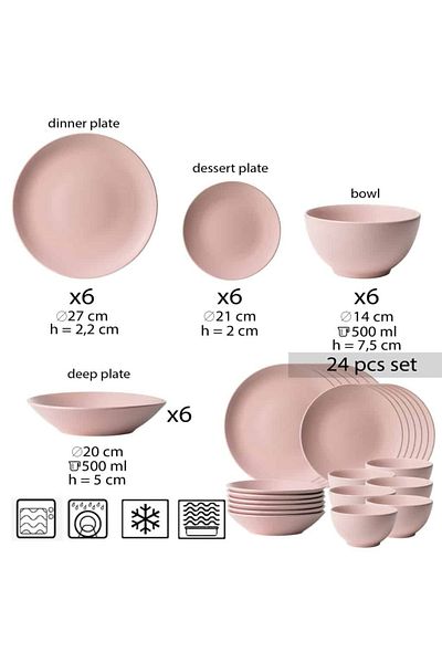 Cesiro 24-piece plate set, for 6 people, Pastel Pink, Cesiro, Matte Pink