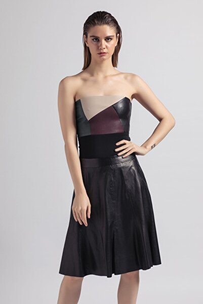 Deriderim Black Women's Pleated Genuine Leather Skirt with Belt and Back Zipper