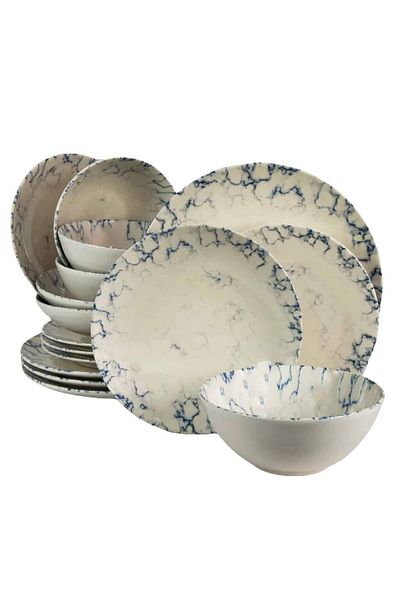 Cesiro 16-piece plate set, for 4 people, Marble, Cesiro, Ivory White with Blue