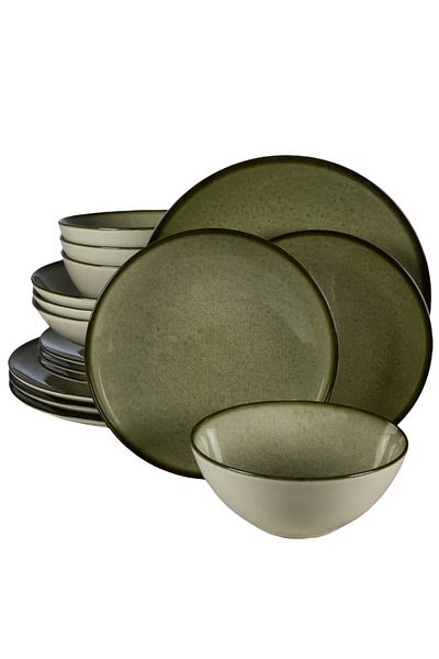 Cesiro 16-piece plate set, for 4 people, Earth Green, Cesiro, Ivoire White with Green