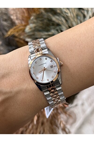 Chaperone Gümüş-Rose Renk Çelik Kordon, Taşlı Şık Model Kadın Kol Saati