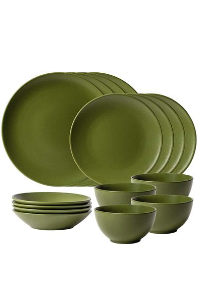 Cesiro 16-piece plate set, for 4 people, Olive Green Cesiro, Matte Olive Green