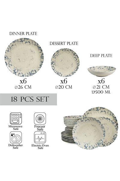 Cesiro 18-piece plate set, for 6 people, Marble, Cesiro, Ivory White with Blue