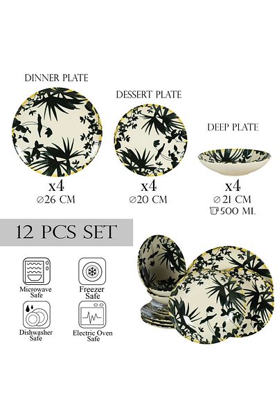 Cesiro 12-piece plate set, for 4 people, Hawaii, Cesiro, Ivory with black leaves