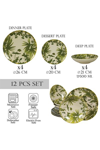 Cesiro 12-piece plate set, for 4 people, Hawaii, Cesiro, Ivory White with green leaves