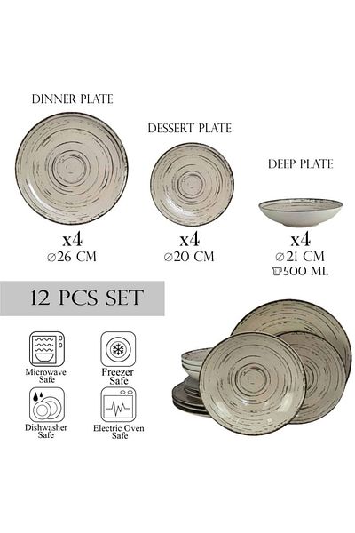 Cesiro 12-piece plate set, for 4 people, Stone, Cesiro, Ivory White with Black