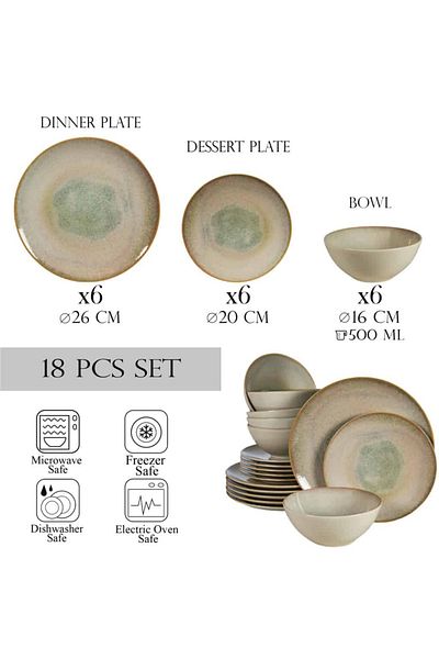 Cesiro 18-piece plate set, for 6 people, Shell, Cesiro, Glossy light cream with brown rim