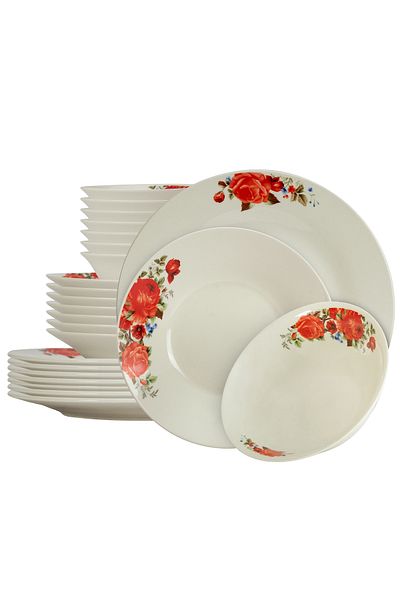 Cesiro 24-piece plate set, for 8 people, Cesiro, Ivoire with red rose