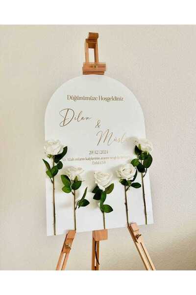 Yalova Design Düğün & Nişan & Kına 80 cm Karşılama Panosu Beyaz Güller ile.
