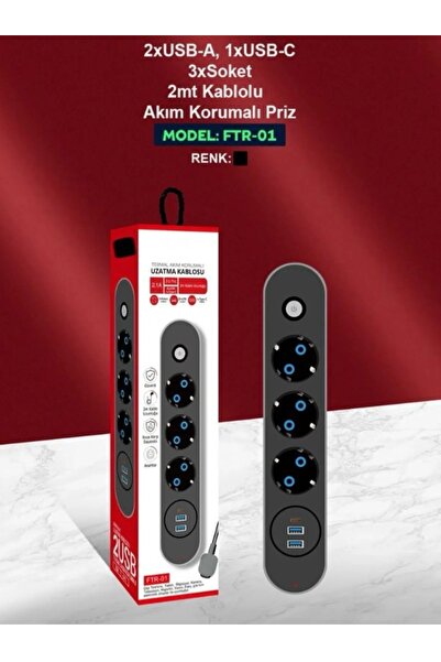 Blic BLİC Ftr 2500w Termal Akım Korumalı 3’lü Priz – 2 Usb, 1 Type-c, 2 Metre Kablo, Sigortalı
