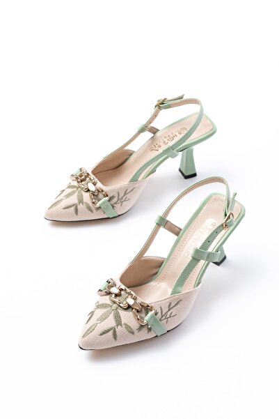 İNFON İnfon K-250 Pistachio Green Linen Daily Open Back Buckle Heeled Women's Shoes