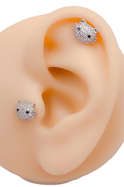 Trinos Cerrrahi Çelik Zirkon Taşlı Kitty (Minnoş Kedi) Kıkırdak Tragus Helix ...