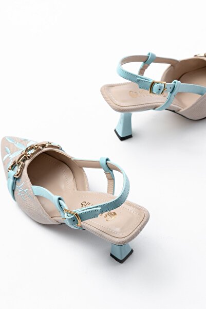 İNFON İnfon K-250 Blue Linen Daily Open Back Buckle Heeled Women's Shoes