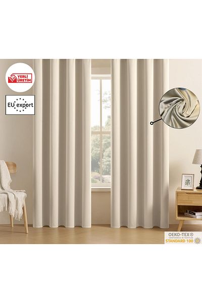 Pyramid Home Blackout Curtain - Beige Color, Thermal Layer and Sunny Background Single Pane Without Pleats