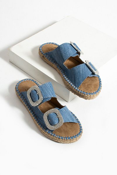 HVZ Exclusive Blue Women's Stone Double Buckle Slippers, Comfortable Soft Sole Comfort Jeans