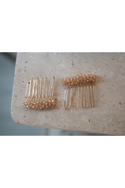 İstoria Bridal 2 Adet Dore Tarak Toka, Nişan Saç Aksesuarı, Vizon Boncuklu Toka