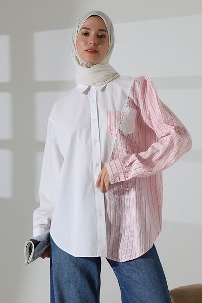 Mihran Butik Γυναικείο πουκάμισο 100% βαμβακερό ύφασμα ποπλίνα ροζ χιτζάμπ
