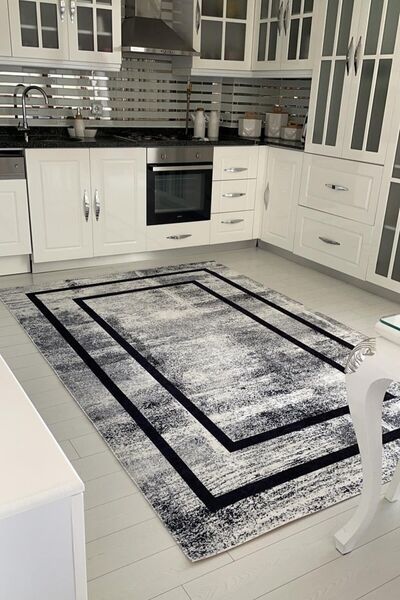 VOPTEKS Gri Siyah Halı Mutfak Halısı Leke Tutmaz Makinede Yıkanabilir Kaymaz ...