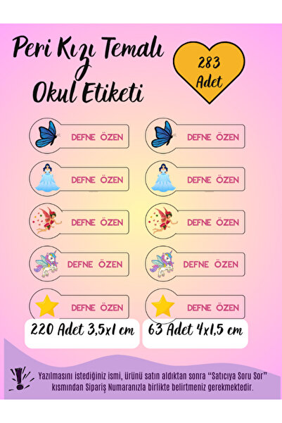 TOZLU RAF 283 Adet Kişiye Özel Peri Kızı Temalı Okul Etiketi