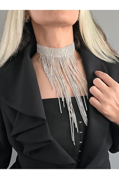 Eva Takı Store كريستال حجر مهدب شرابة نموذج فضي اللون مساء اللباس المختنق قلا...