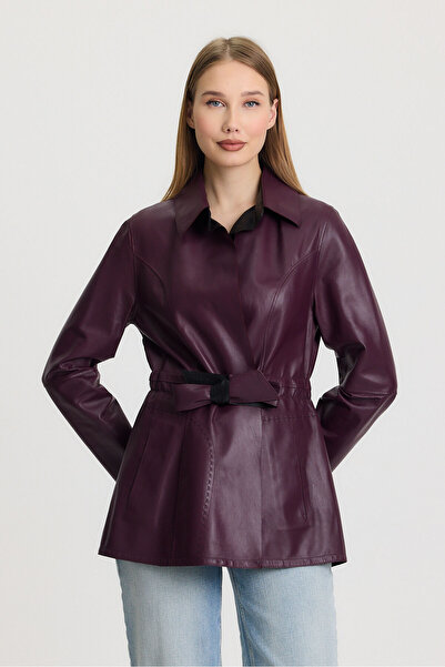 Orkır collection Mor Hakiki Oğlak Derisi Çift Taraflı Kuşaklı Kadın Trenç