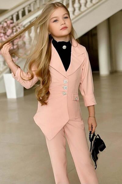 Riccotarz Girl's Clown Collar Tank Top Stone Button Detail Blazer Jacket Powder Bottom Top Set