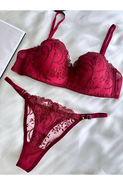 RUYAZ Lacy Floral Underwire Soft Cup Unfilled Women Lingerie Bra Suit Burgundy