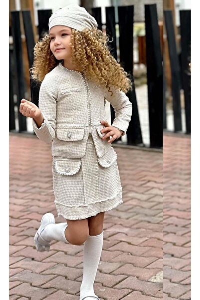 Riccotarz Kız Çocuk Kenarları İnci Taş İşlemeli Triko Ceket Cep Detaylı Ekru Etekli Takım