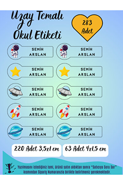 TOZLU RAF 283 Adet Kişiye Özel Uzay Temalı Okul Etiketi