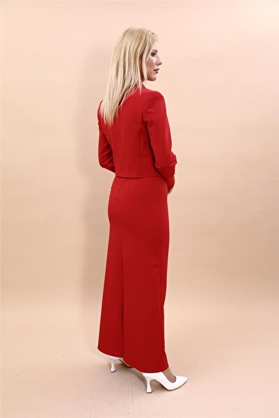 ÖNDER ÖZSOY Mini Blazer Ceket & Uzun Kalem Etek Takım-Kırmızı