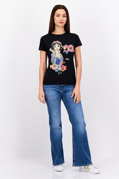 DİSNEY PRİNCESS Women Round Neck Short Sleeves Graphic Print T-Shirt, Black